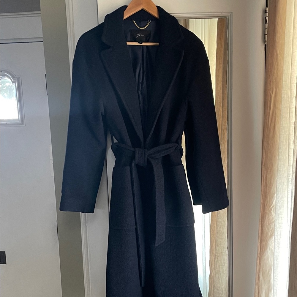 J. Crew Navy Boiled Wool Coat with Gold Chain Accent